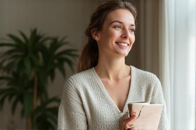 Portret al unei coach de wellness feminine, de vârstă mijlocie, cu o expresie calmă și empatică, simbolizând ghidarea expertă a bunăstării mentale în comunitatea Vidra Vitală.