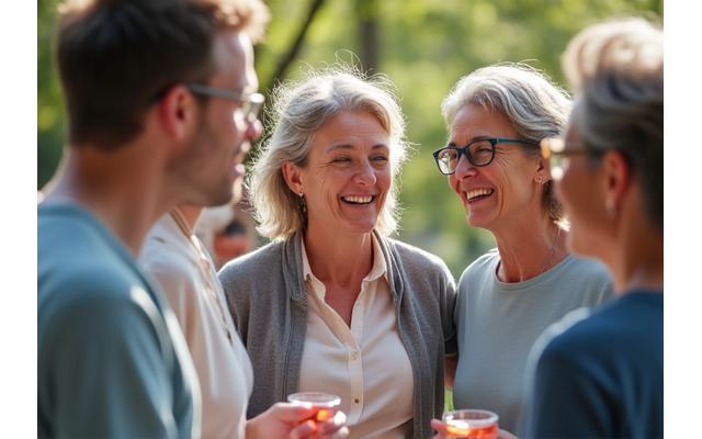 Grup de oameni zâmbitori de vârstă mijlocie discutând relaxat în aer liber, reprezentând comunitatea online Vidra Vitală activă și suportivă.