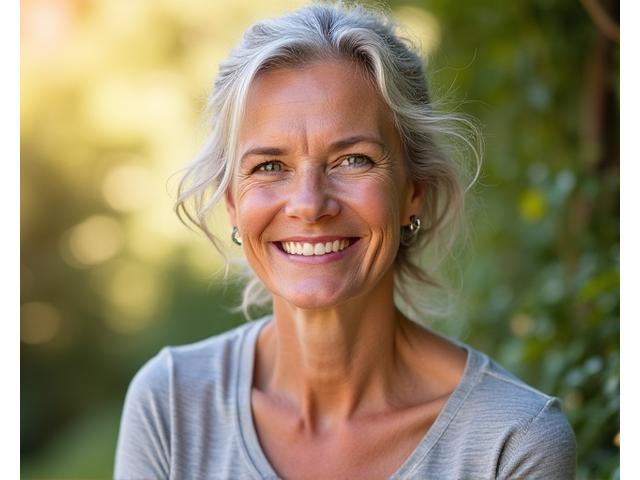 Portretul unei femei de 50 de ani, Ana Popescu, care radiază sănătate și vitalitate, cu o expresie optimistă.