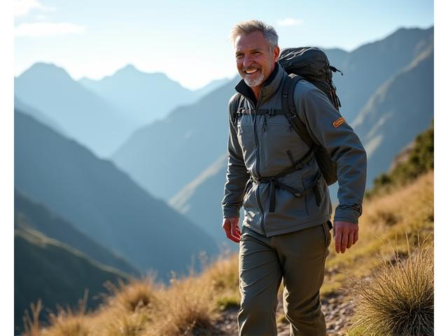 Portretul unui bărbat de 60 de ani, Mihai Preda, cu o energie vibrantă, practicând drumeții montane, zâmbind.