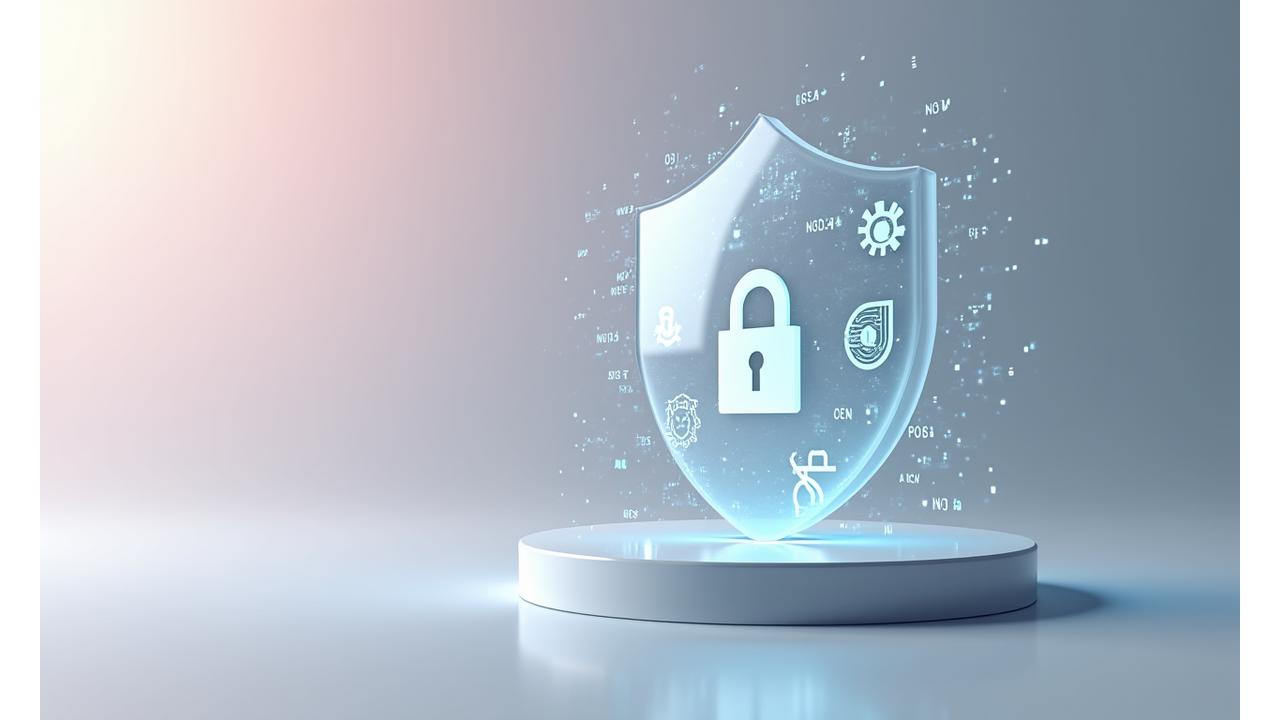 Ilustrație abstractă cu simboluri de securitate a datelor și confidențialitate pe un fundal blând, luminos, sugerând protecție.