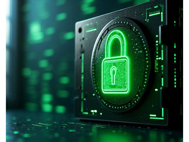Ilustrație schematică a unui „seif digital” cu un lacăt mare verde deschis, înconjurat de conexiuni de date criptate, simbolizând securitatea informațiilor.