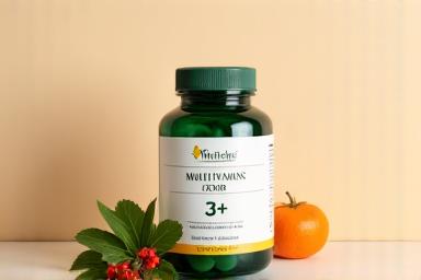 Flacon de multivitamine optimizate pentru adulți 35+, cu ingrediente naturale și o frunză verde pe etichetă.