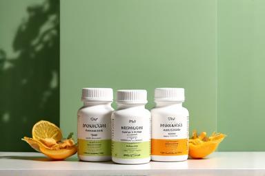 Diverse flacoane de probiotice și prebiotice, amplasate într-un decor curat de laborator, cu elemente vegetale. Ilustrează sănătatea digestivă.