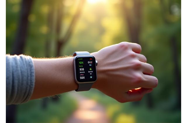 Un smartwatch modern afișând indicatori de sănătate (puls, pași, somn) pe încheietura mâinii unei persoane active, în timpul unei plimbări în natură. Accent pe date clare și design elegant.