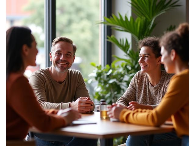 Un grup divers de adulți de vârstă mijlocie zâmbesc și discută într-un cadru de cafenea sau spațiu comun, sugerând interacțiune socială și suport reciproc.
