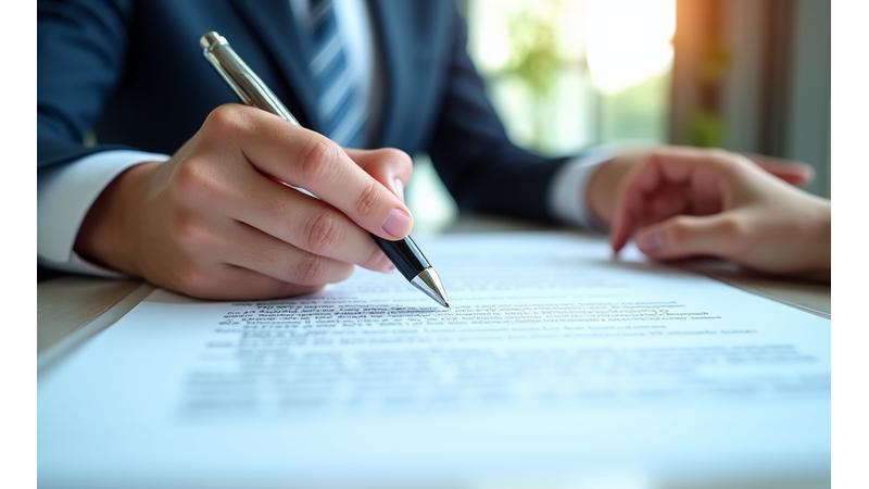 Mână ce semnează un contract, simbol al acordului și înțelegerii legale