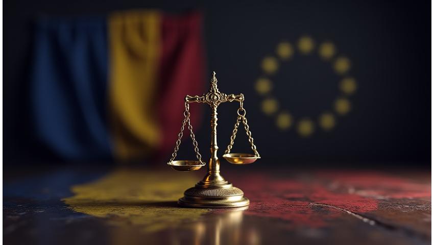 Cântarul Justiției pe fundalul steagului României și al Uniunii Europene, simbolizând respectarea legilor